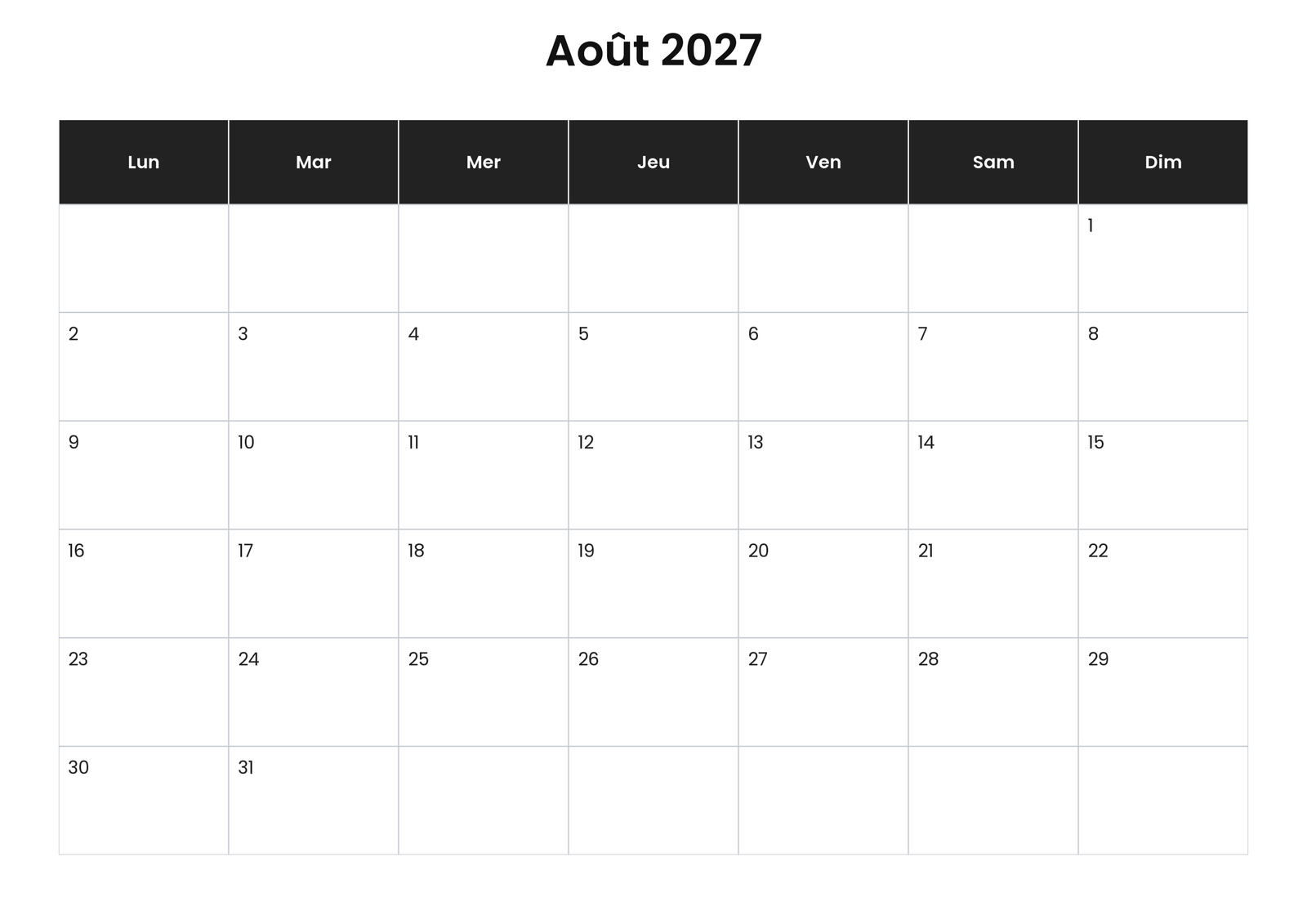 Calendrier août 2027