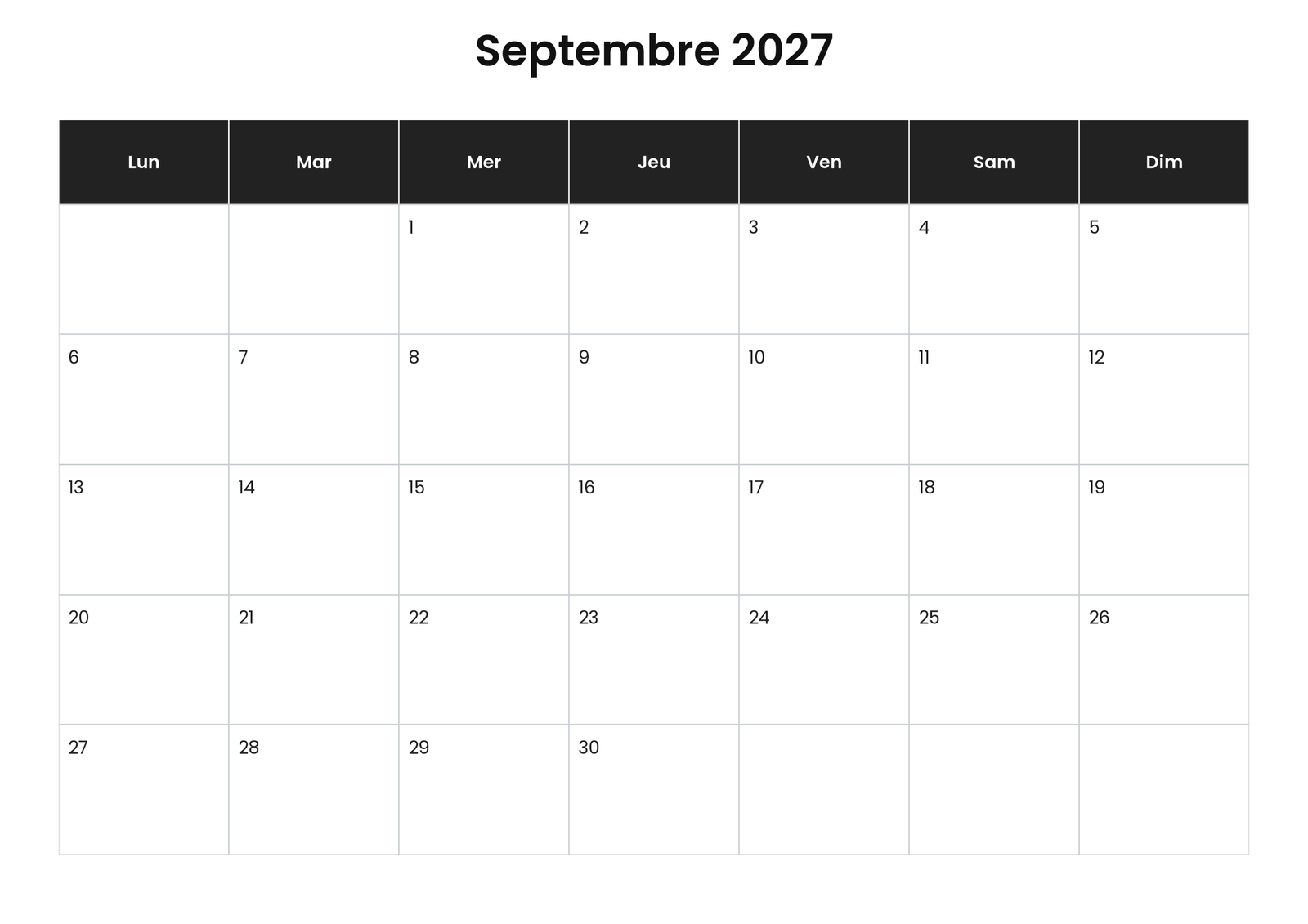Calendrier septembre 2027