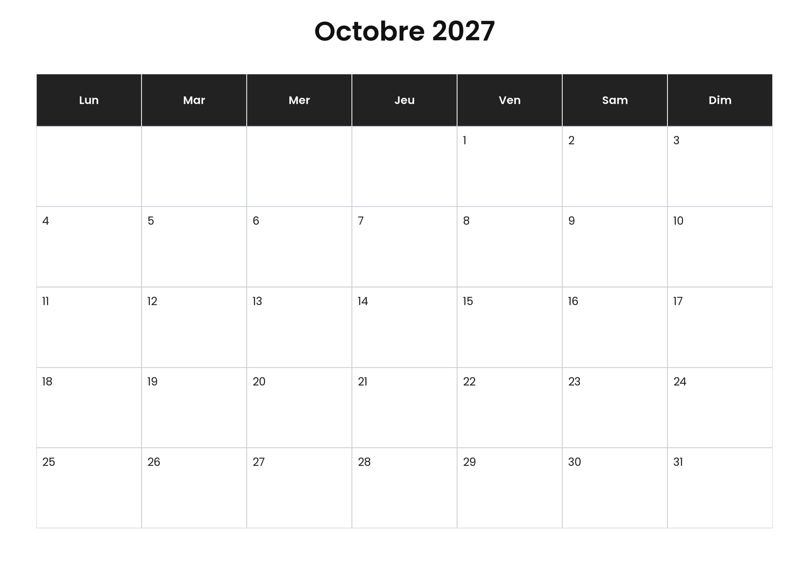 Calendrier octobre 2027