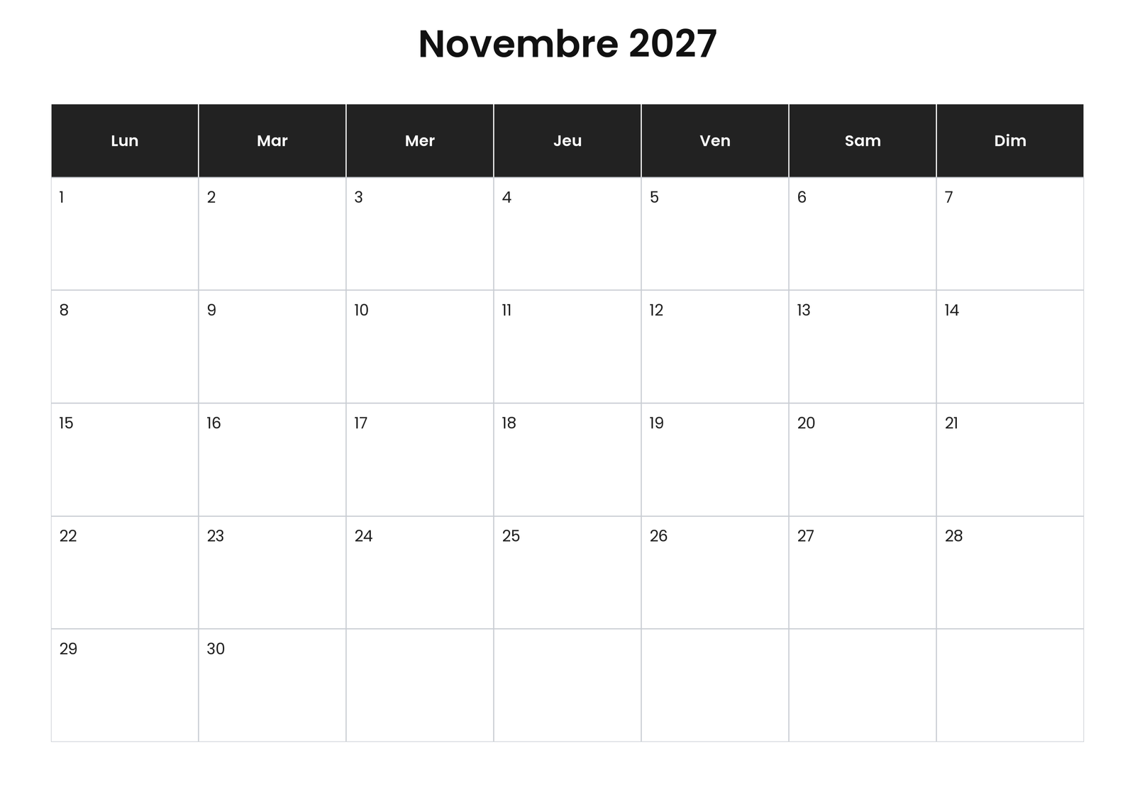 Calendrier novembre 2027