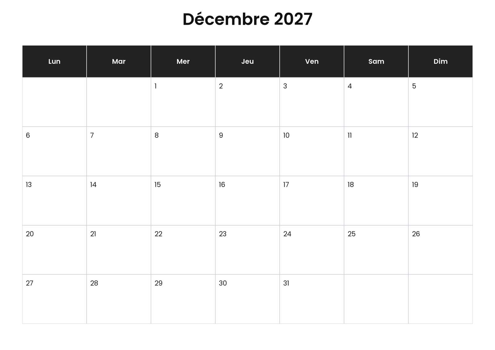 Calendrier décembre 2027