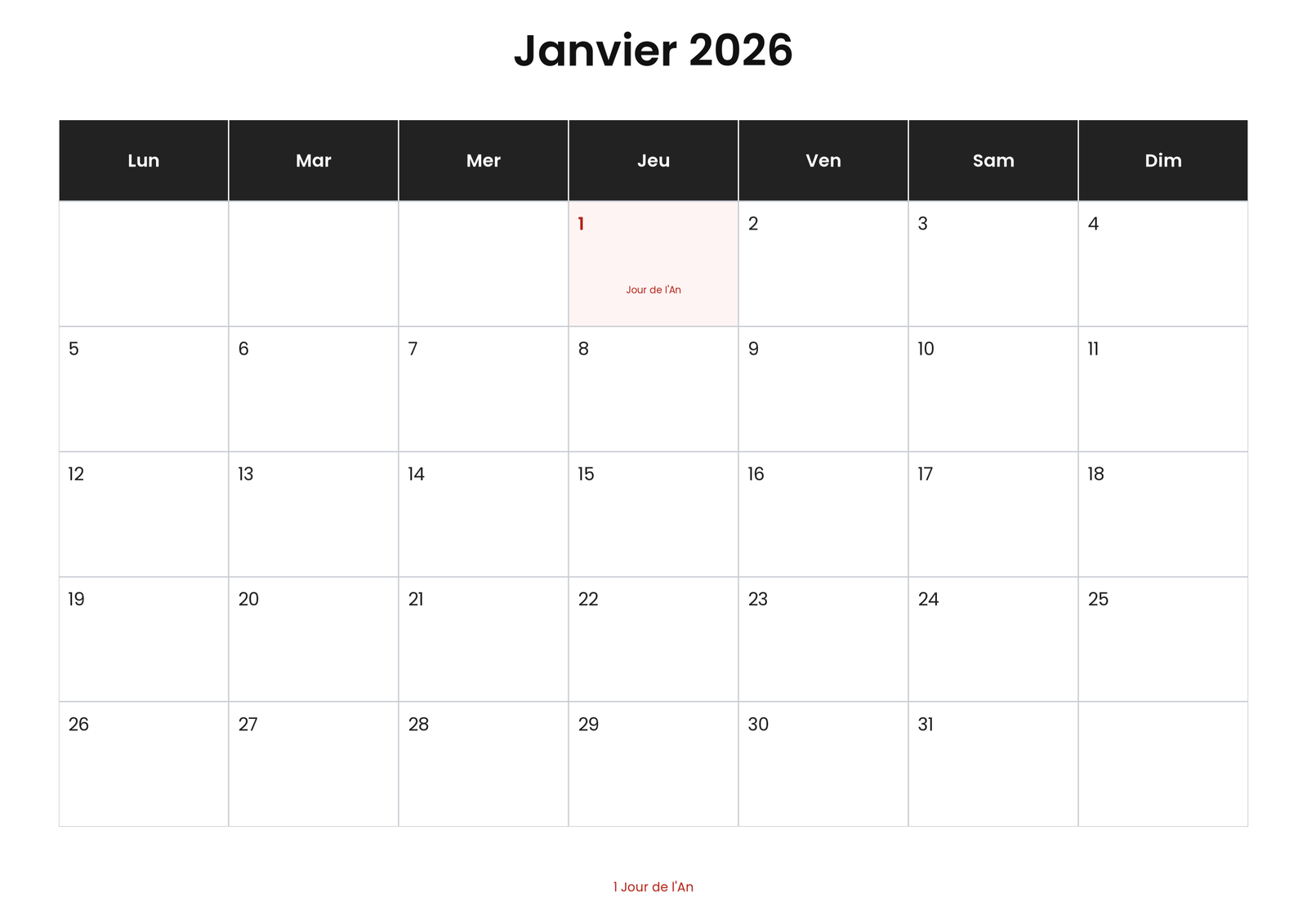 Calendrier janvier 2026 5 Calendrier janvier 2026 avec jours fériés