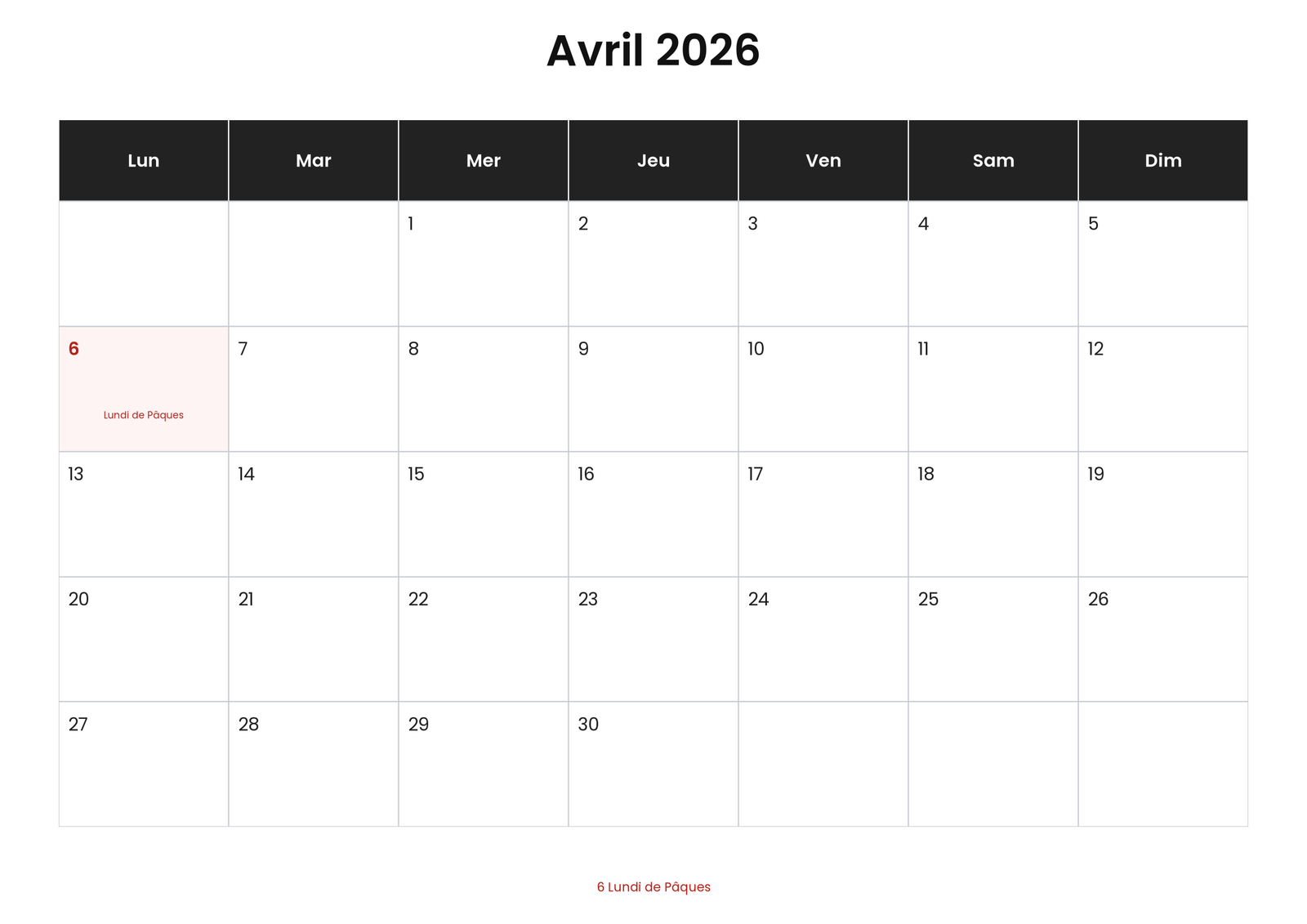 Calendrier avril 2026 avec jours fériés
