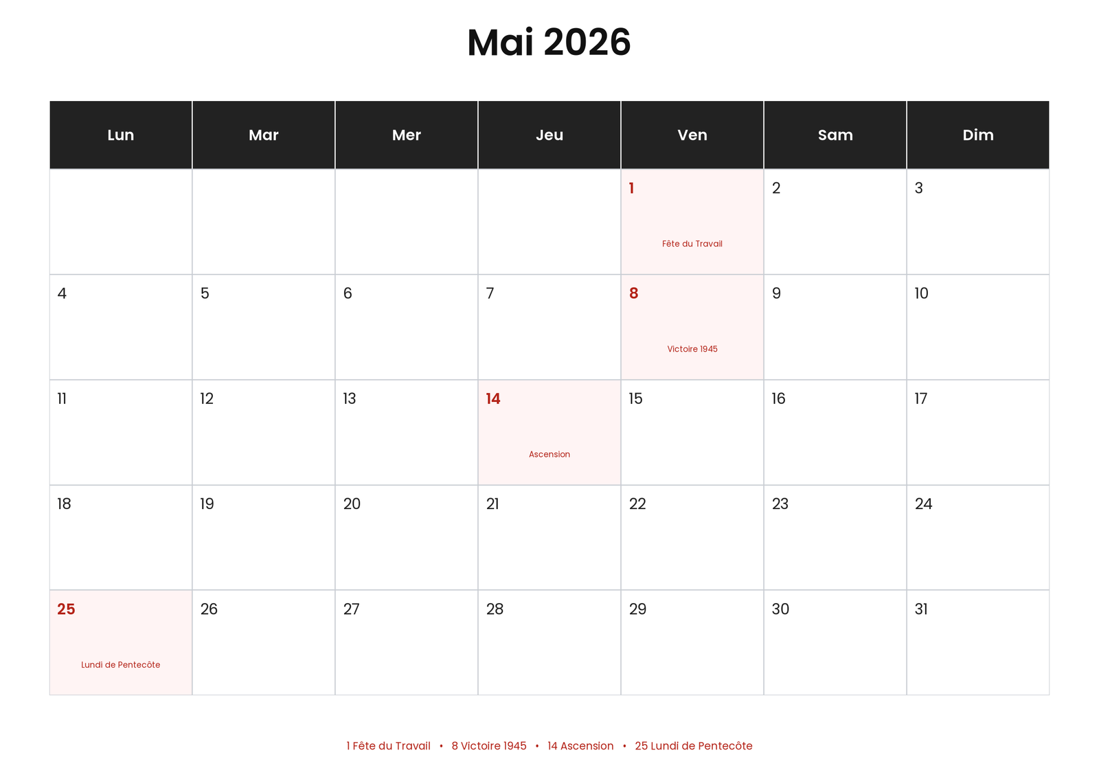 Calendrier mai 2026 avec jours fériés