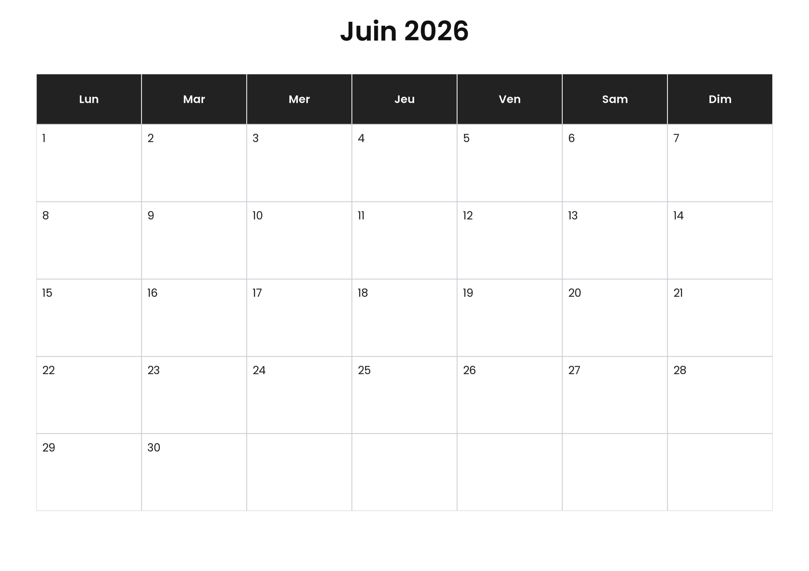 Calendrier juin 2026 5 Calendrier juin 2026 avec jours fériés