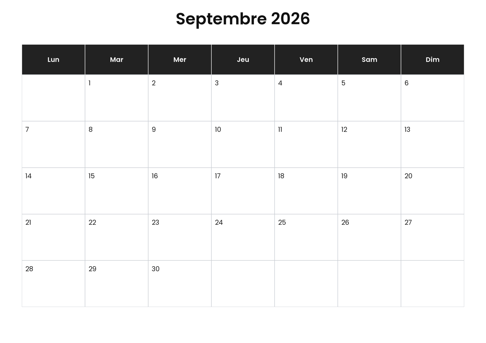 Calendrier septembre 2026 5 Calendrier septembre 2026 avec jours fériés