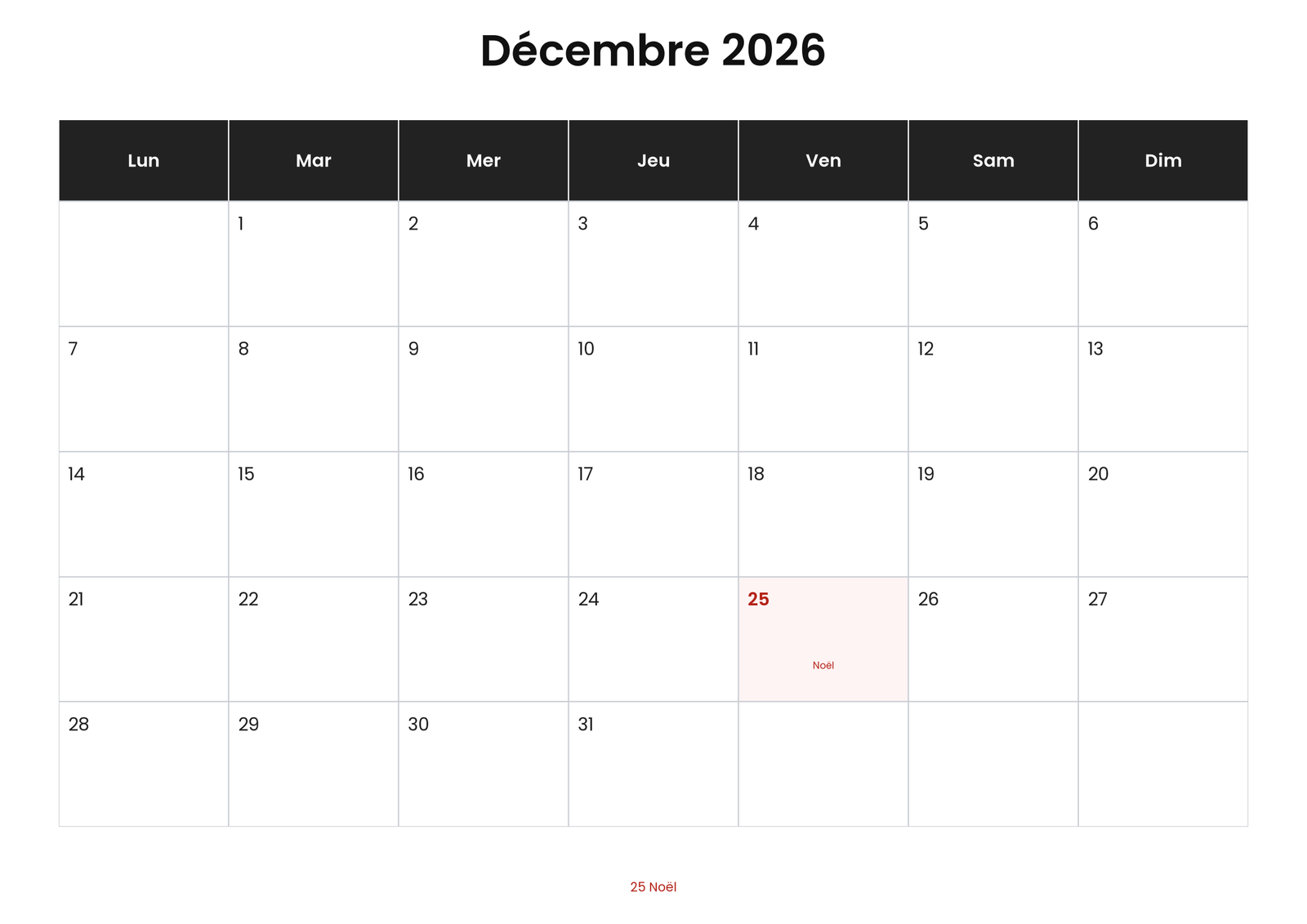 Calendrier décembre 2026 avec jours fériés