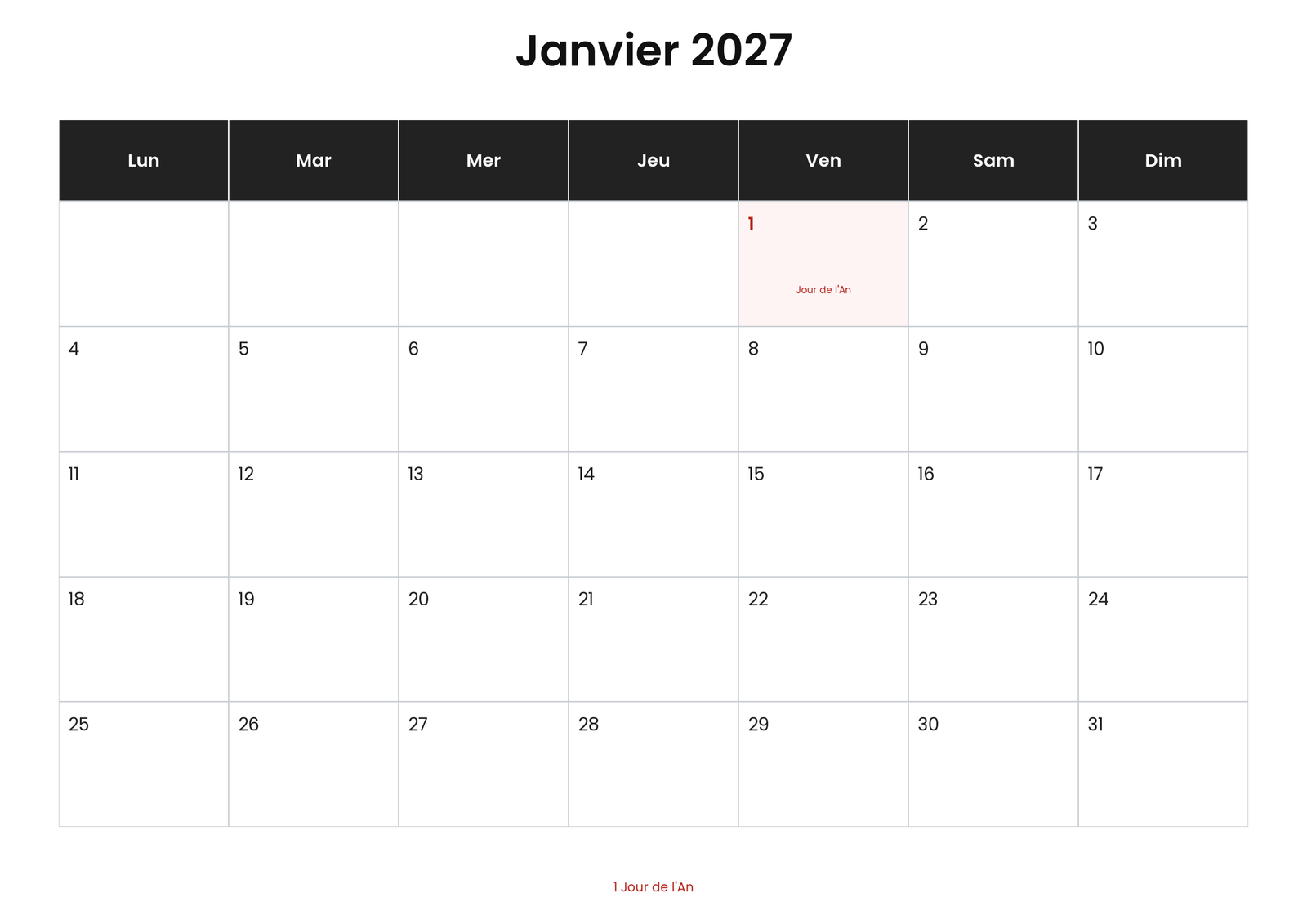 Calendrier janvier 2027 5 Calendrier janvier 2027 avec jours fériés