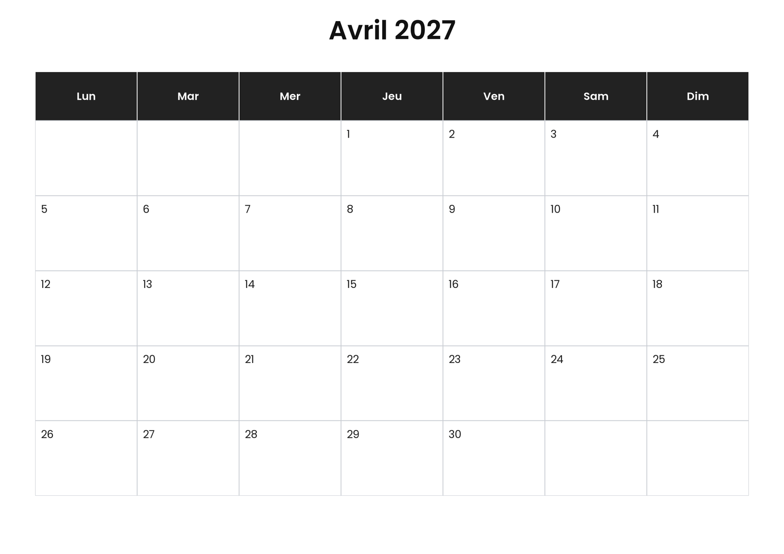 Calendrier avril 2027 5 Calendrier avril 2027 avec jours fériés