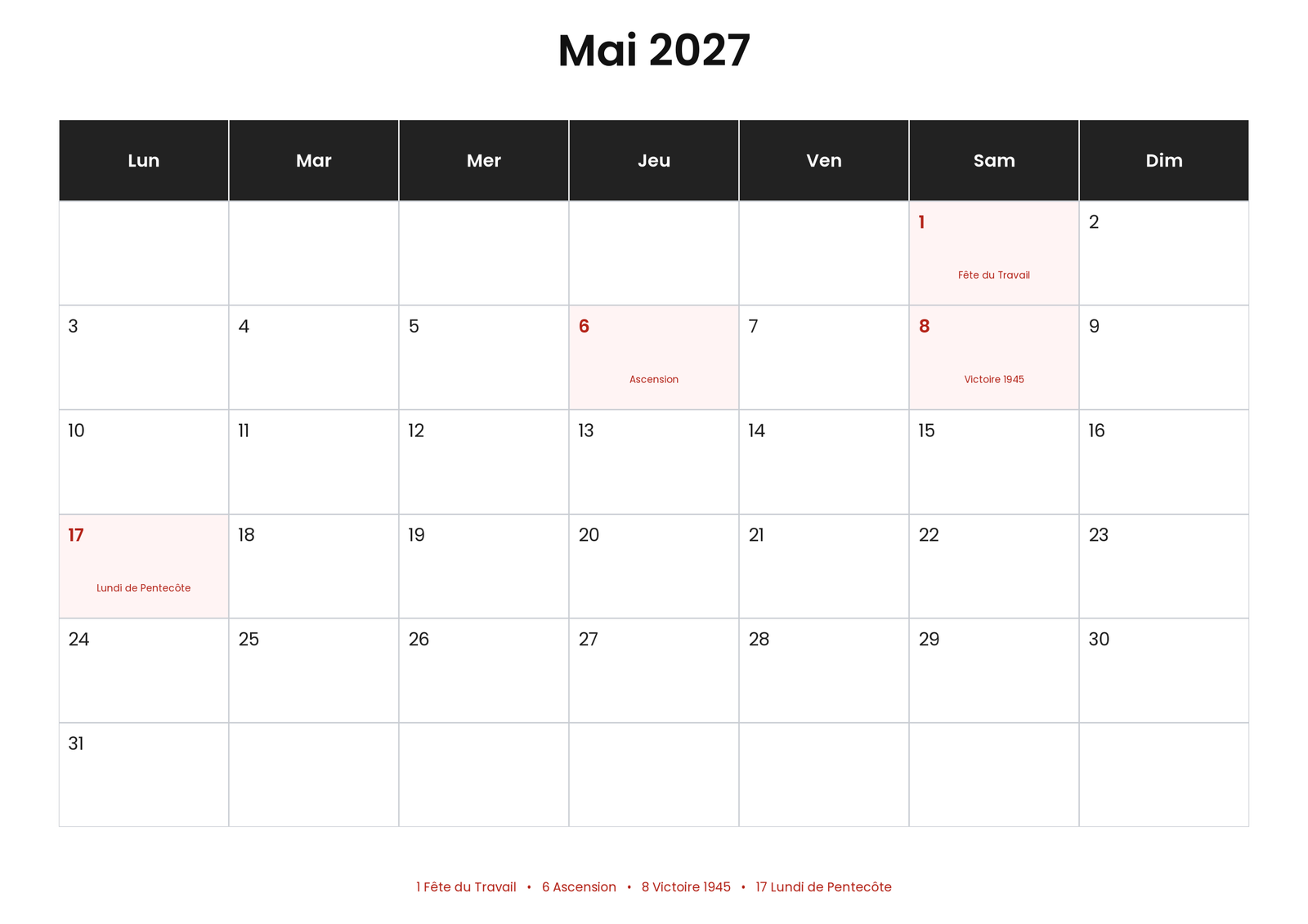 Calendrier mai 2027 5 Calendrier mai 2027 avec jours fériés
