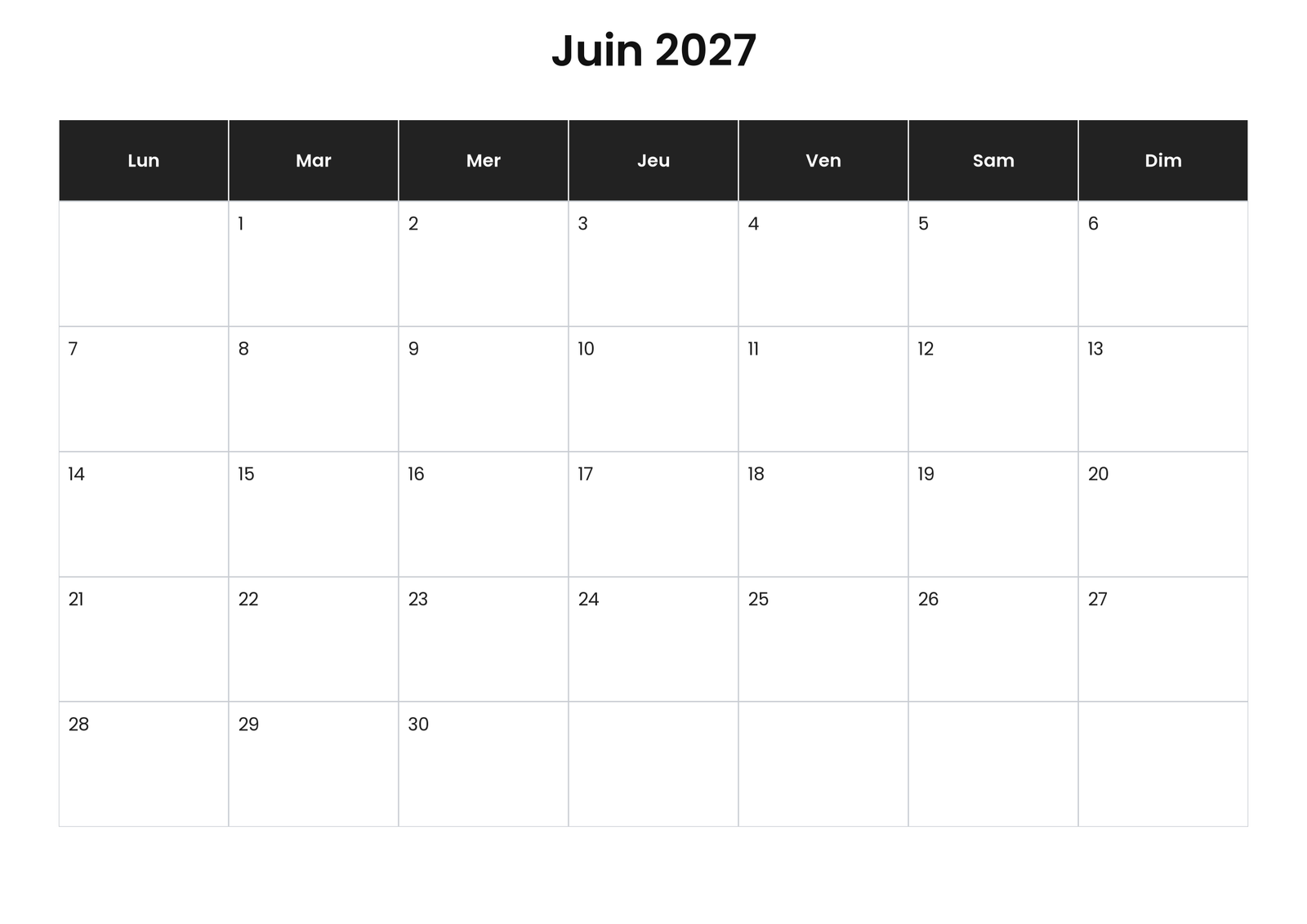 Calendrier juin 2027 5 Calendrier juin 2027 avec jours fériés