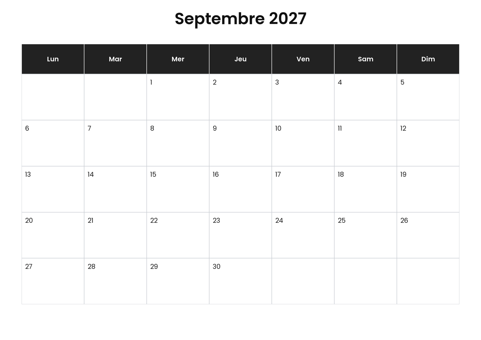 Calendrier septembre 2027 5 Calendrier septembre 2027 avec jours fériés