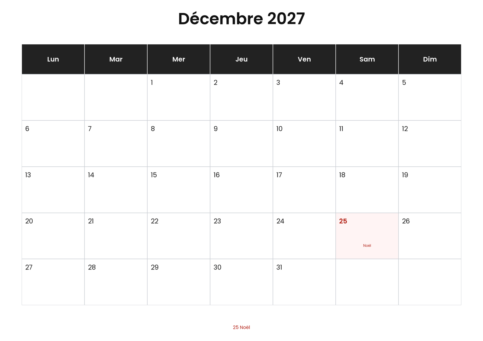 Calendrier décembre 2027 avec jours fériés