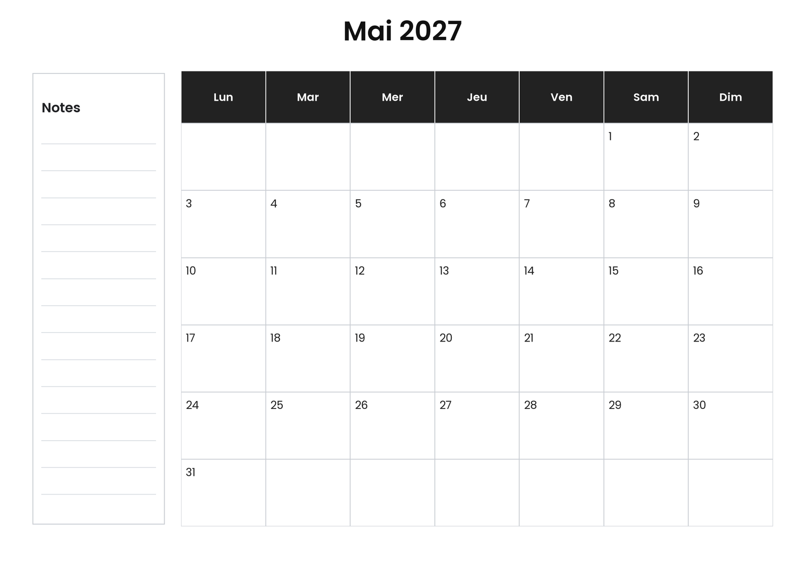 Calendrier mai 2027 3 Calendrier mai 2027 avec notes