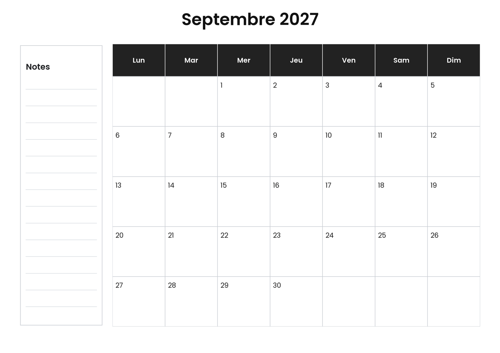 Calendrier septembre 2027 3 Calendrier septembre 2027 avec notes