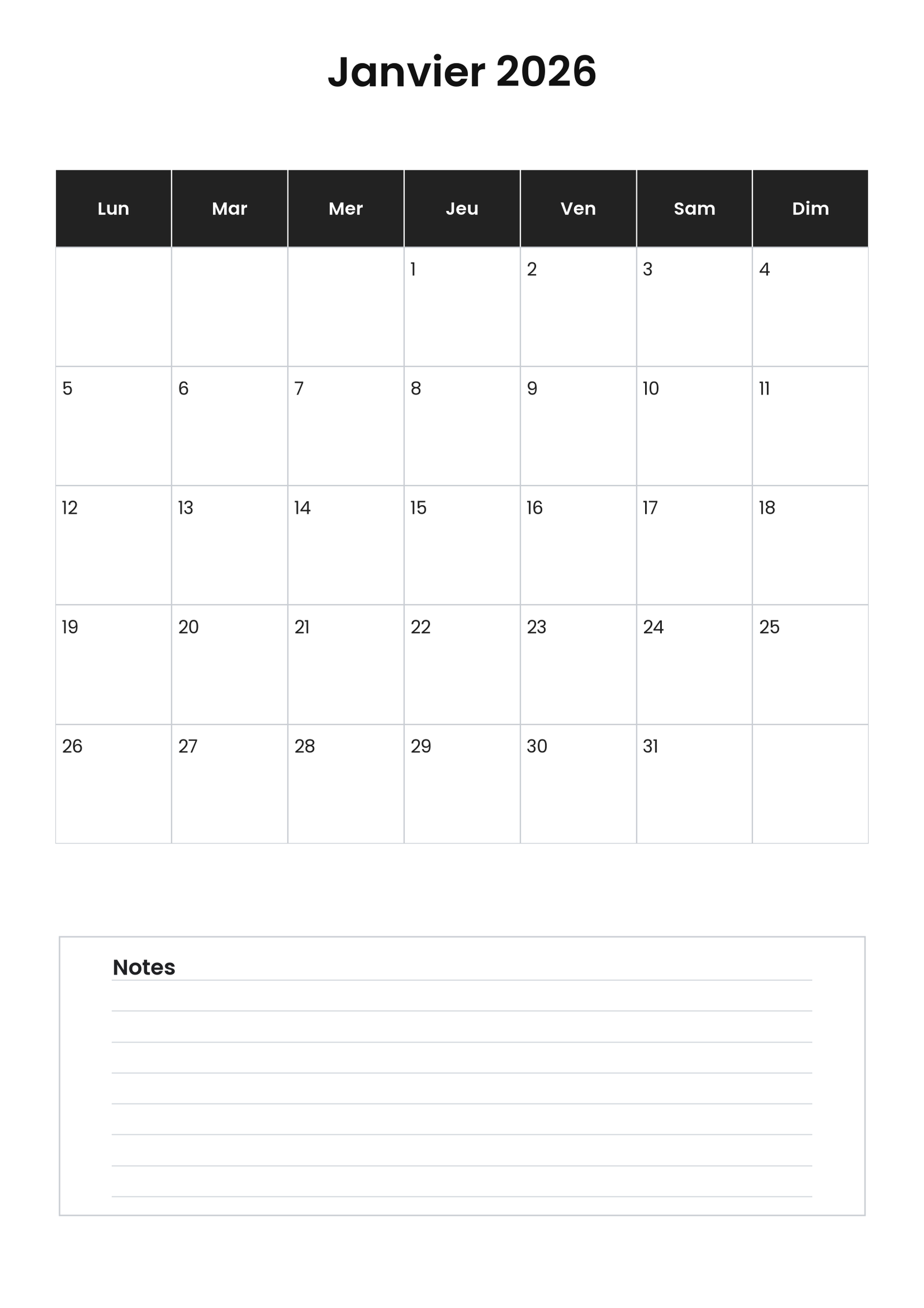 Calendrier janvier 2026 4 Calendrier janvier 2026 vertical avec notes