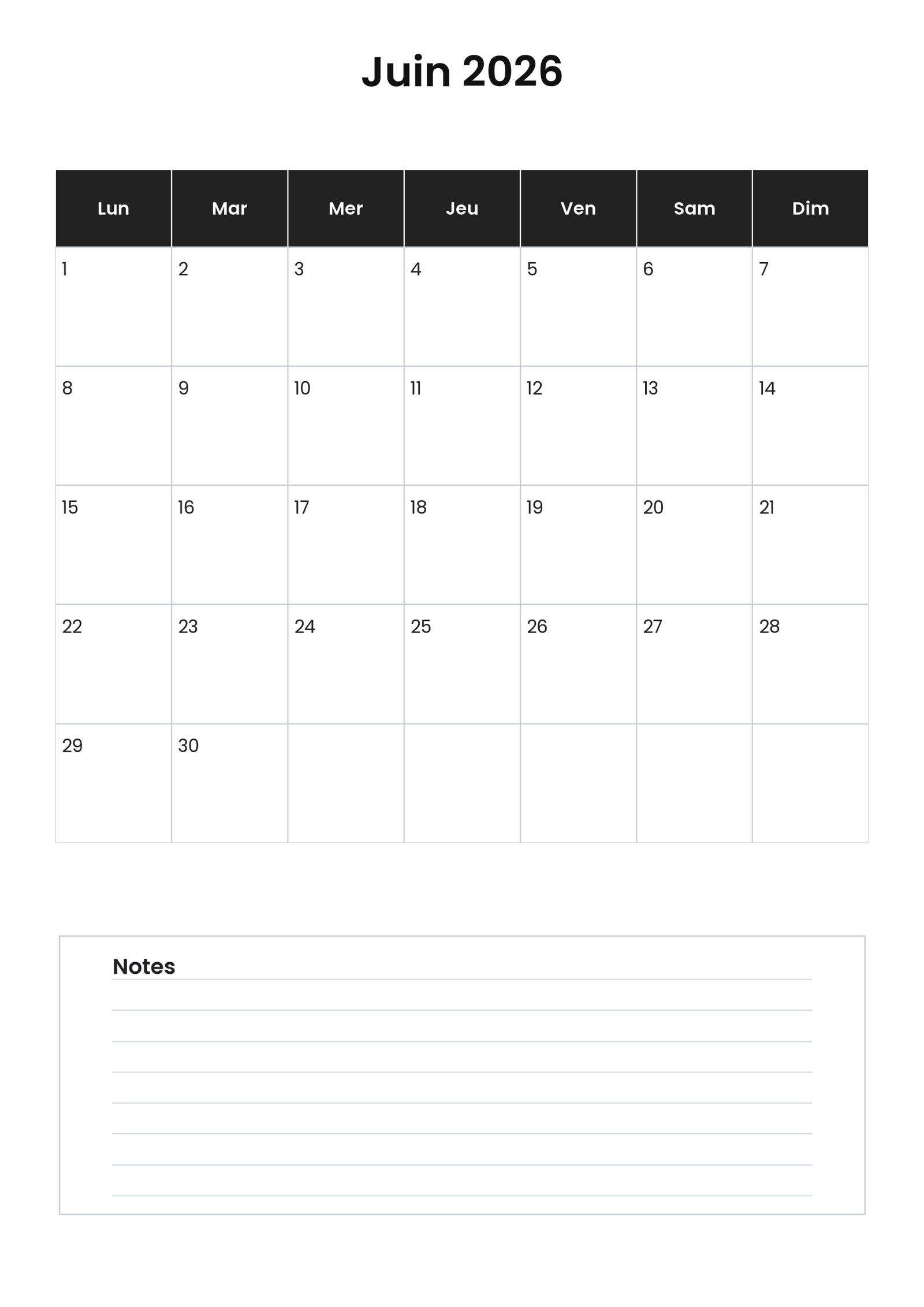 Calendrier juin 2026 4 Calendrier juin 2026 vertical avec notes