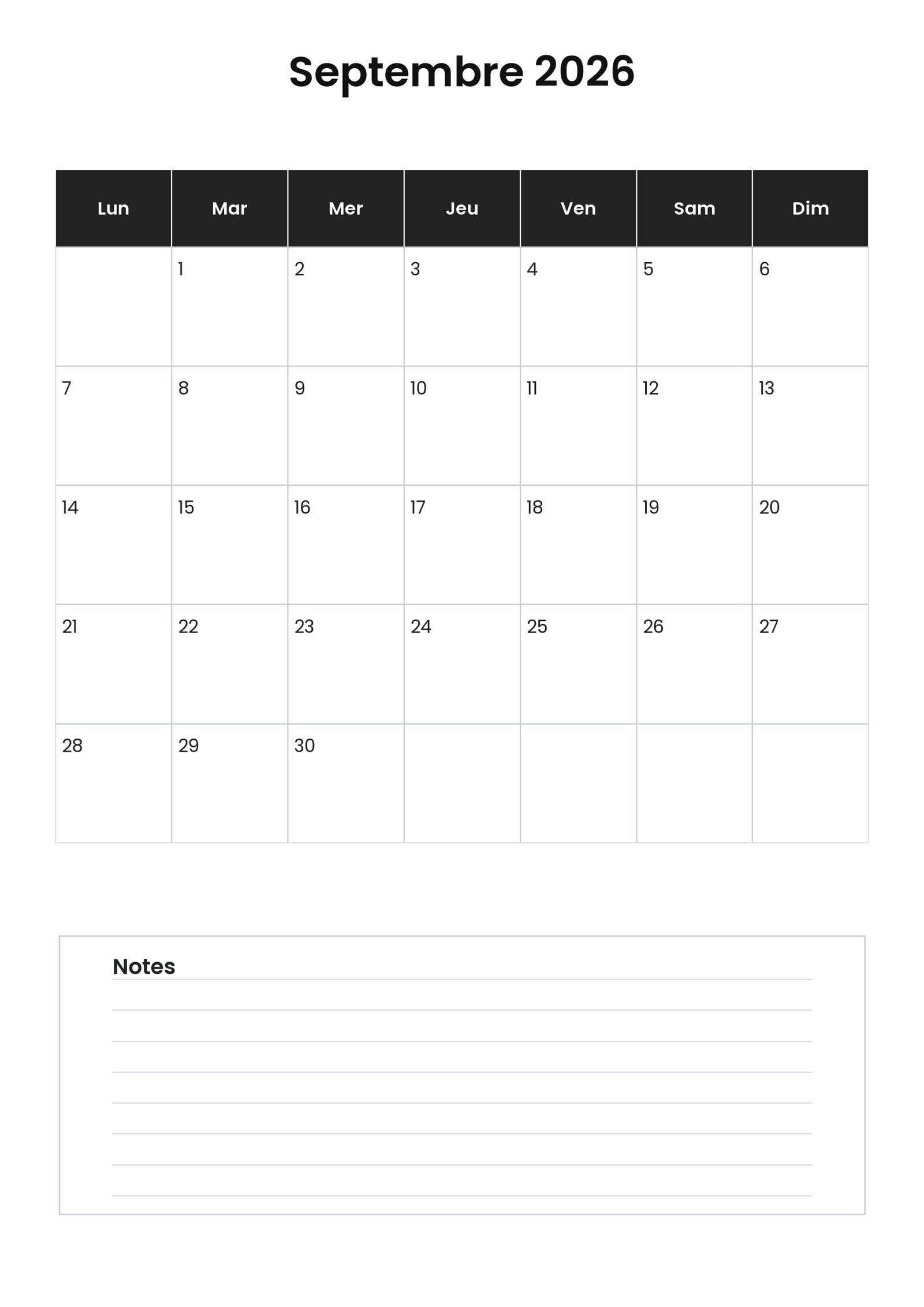 Calendrier septembre 2026 4 Calendrier septembre 2026 vertical avec notes