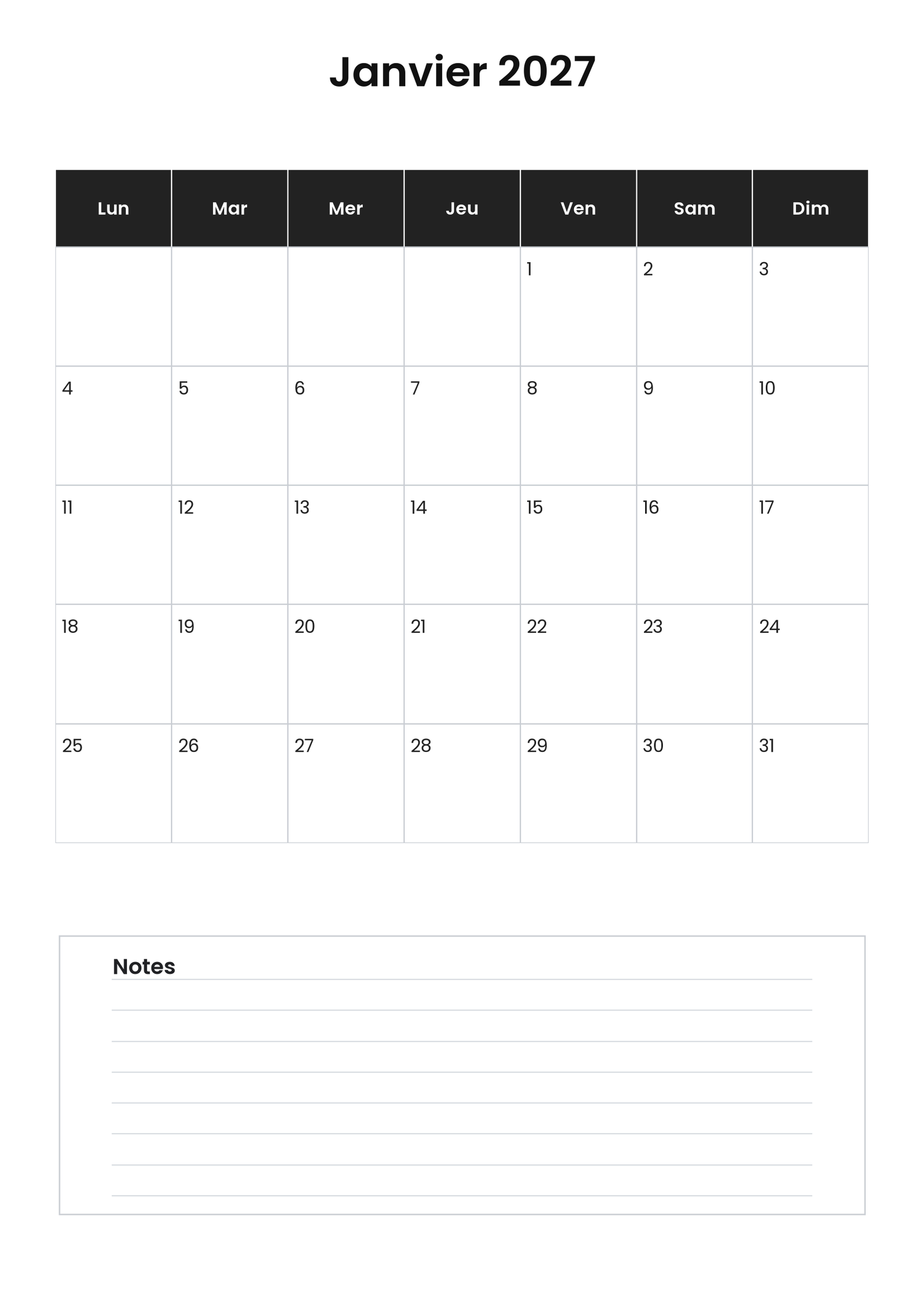 Calendrier janvier 2027 4 Calendrier janvier 2027 vertical avec notes