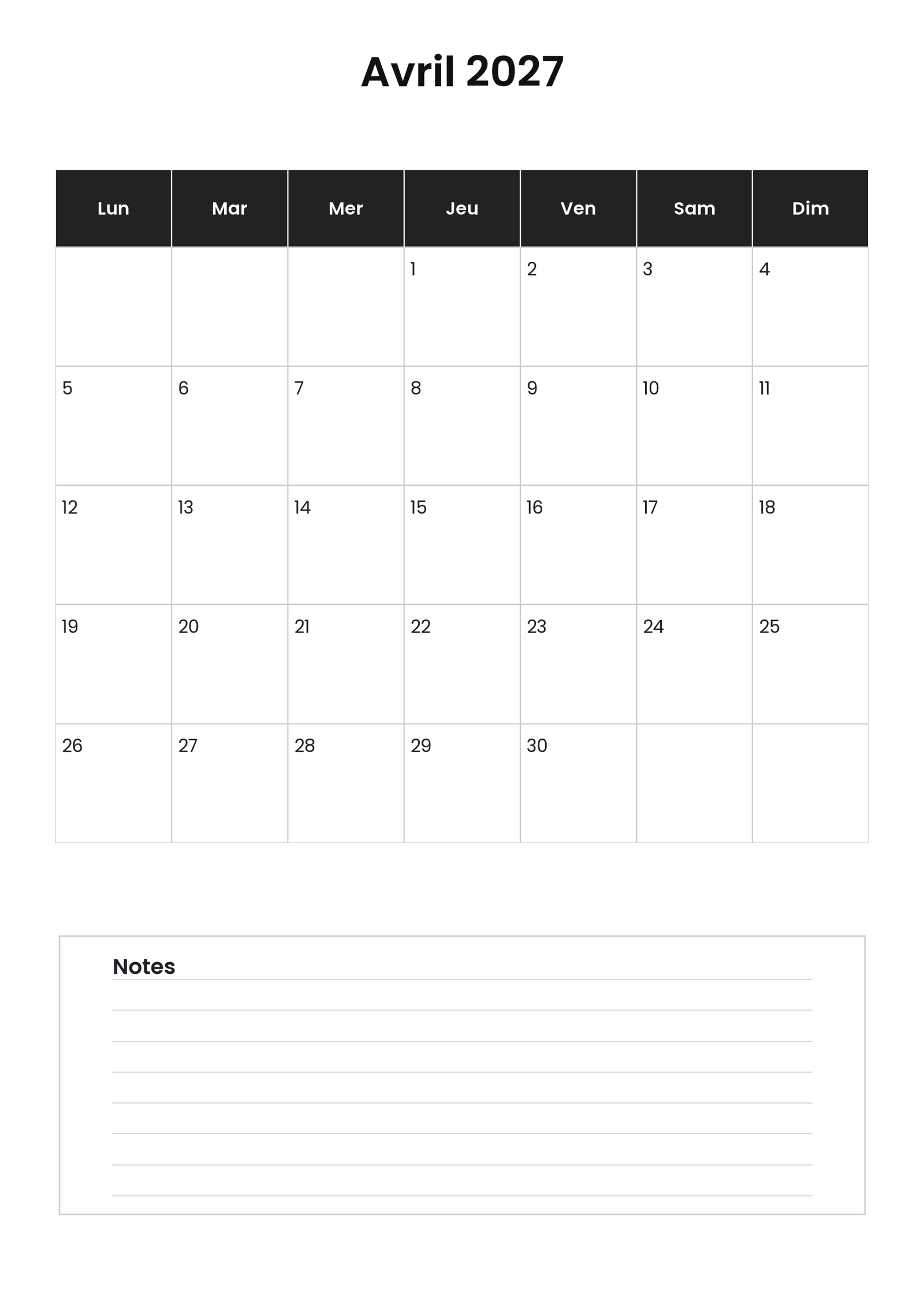 Calendrier avril 2027 4 Calendrier avril 2027 vertical avec notes
