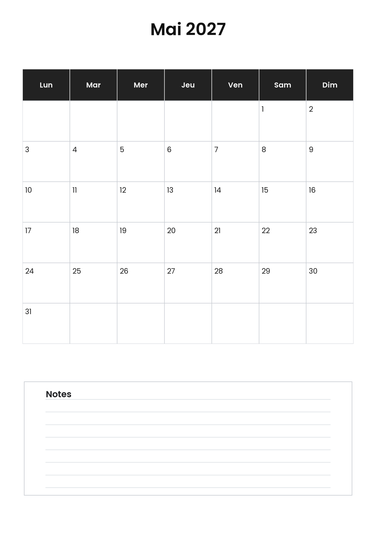 Calendrier mai 2027 4 Calendrier mai 2027 vertical avec notes
