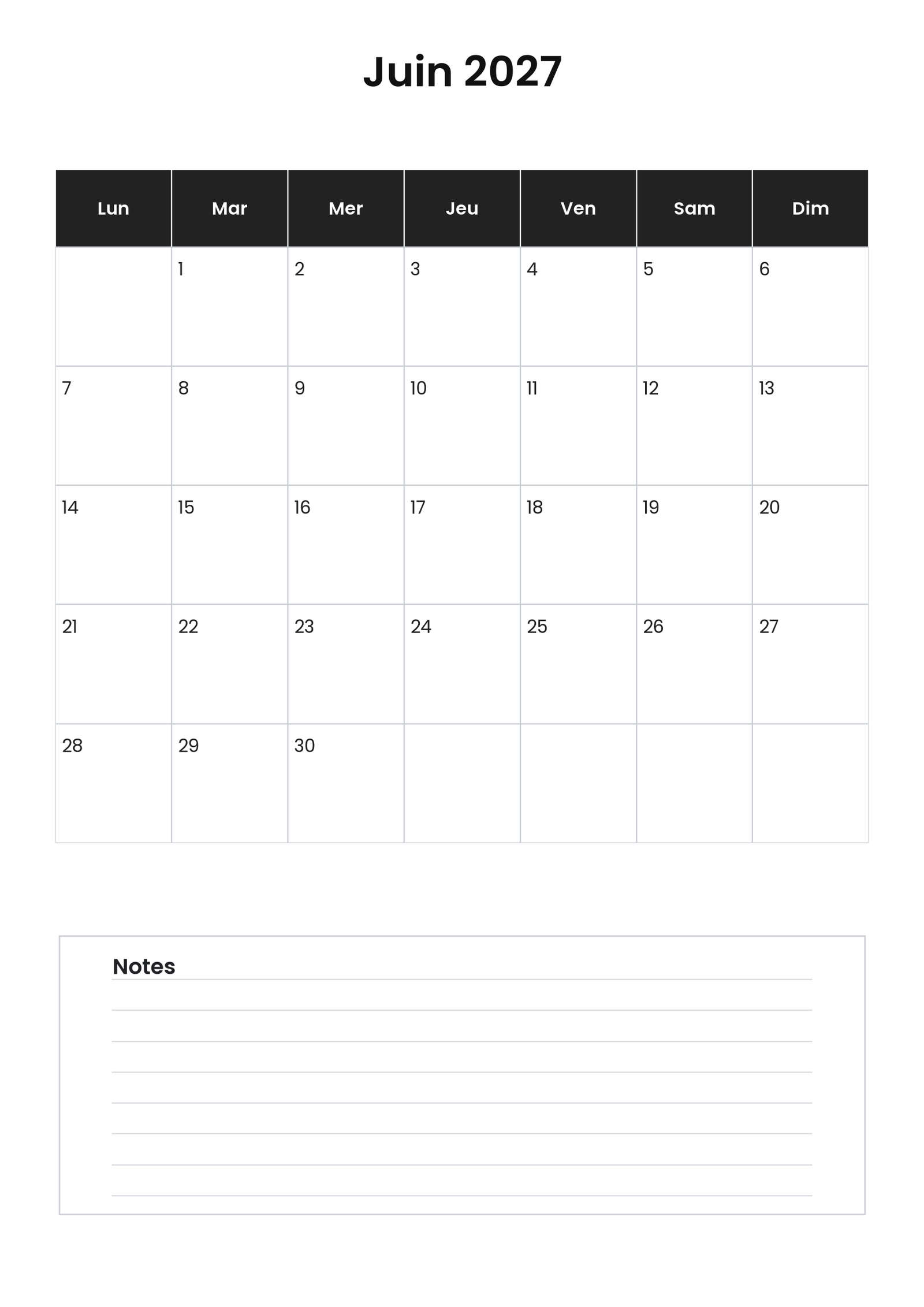 Calendrier juin 2027 4 Calendrier juin 2027 vertical avec notes