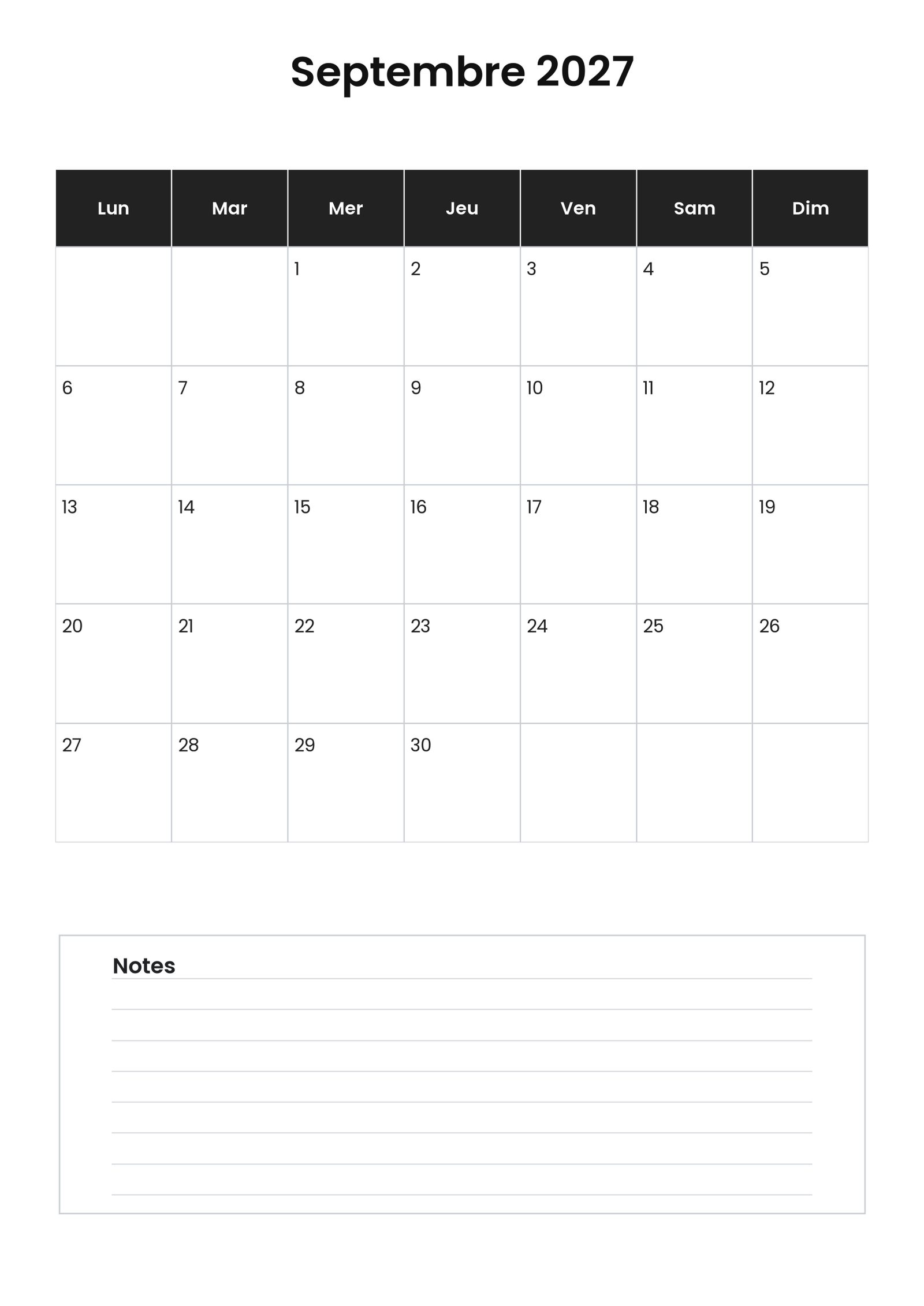 Calendrier septembre 2027 4 Calendrier septembre 2027 vertical avec notes