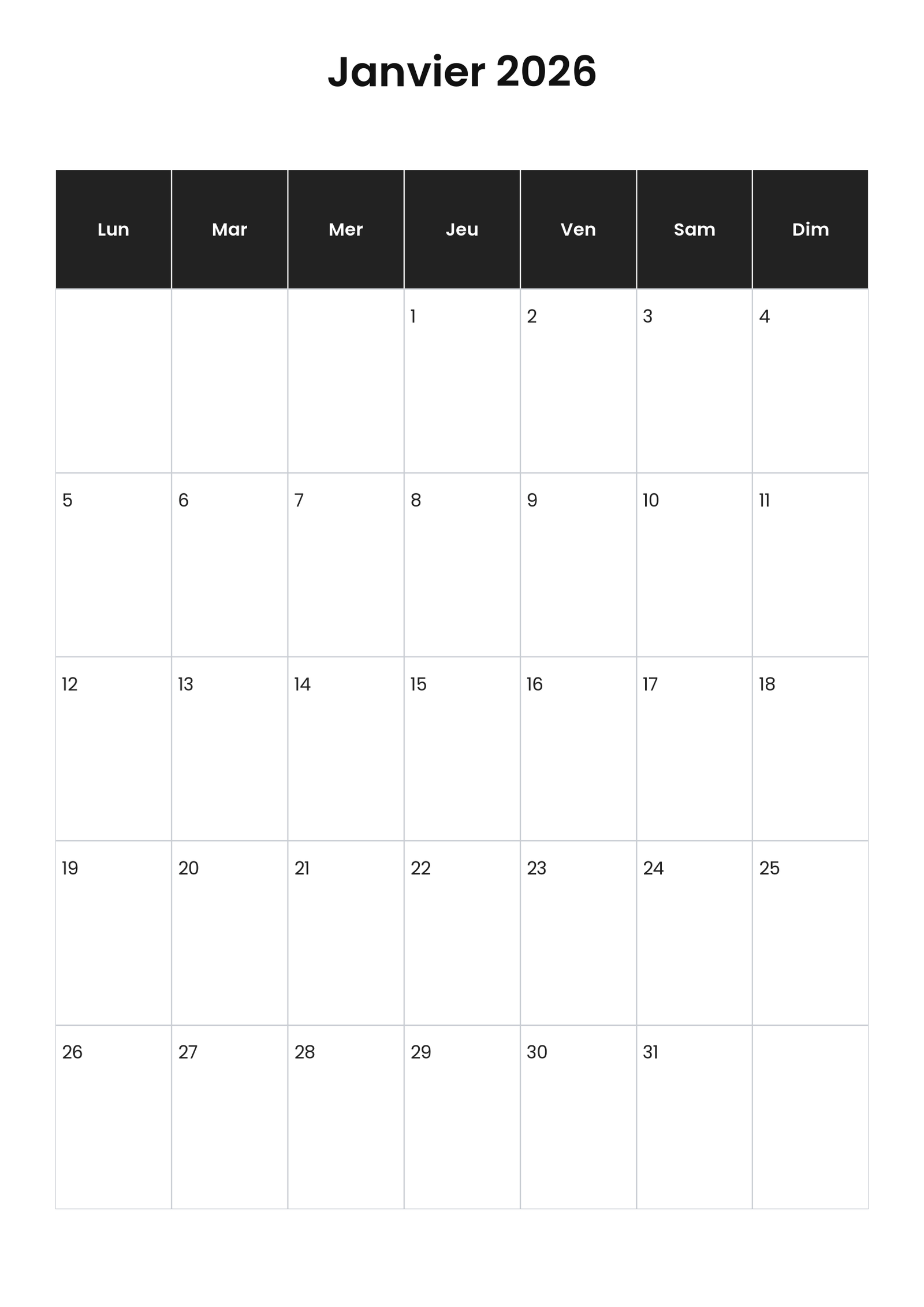 Calendrier janvier 2026 2 Calendrier janvier 2026 vertical