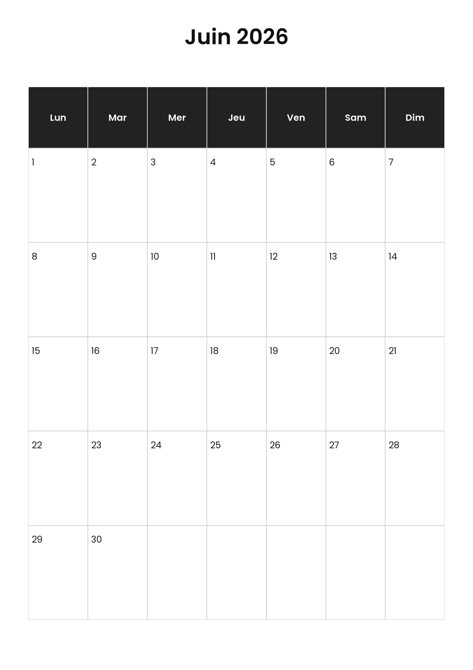 Calendrier juin 2026 2 Calendrier juin 2026 vertical