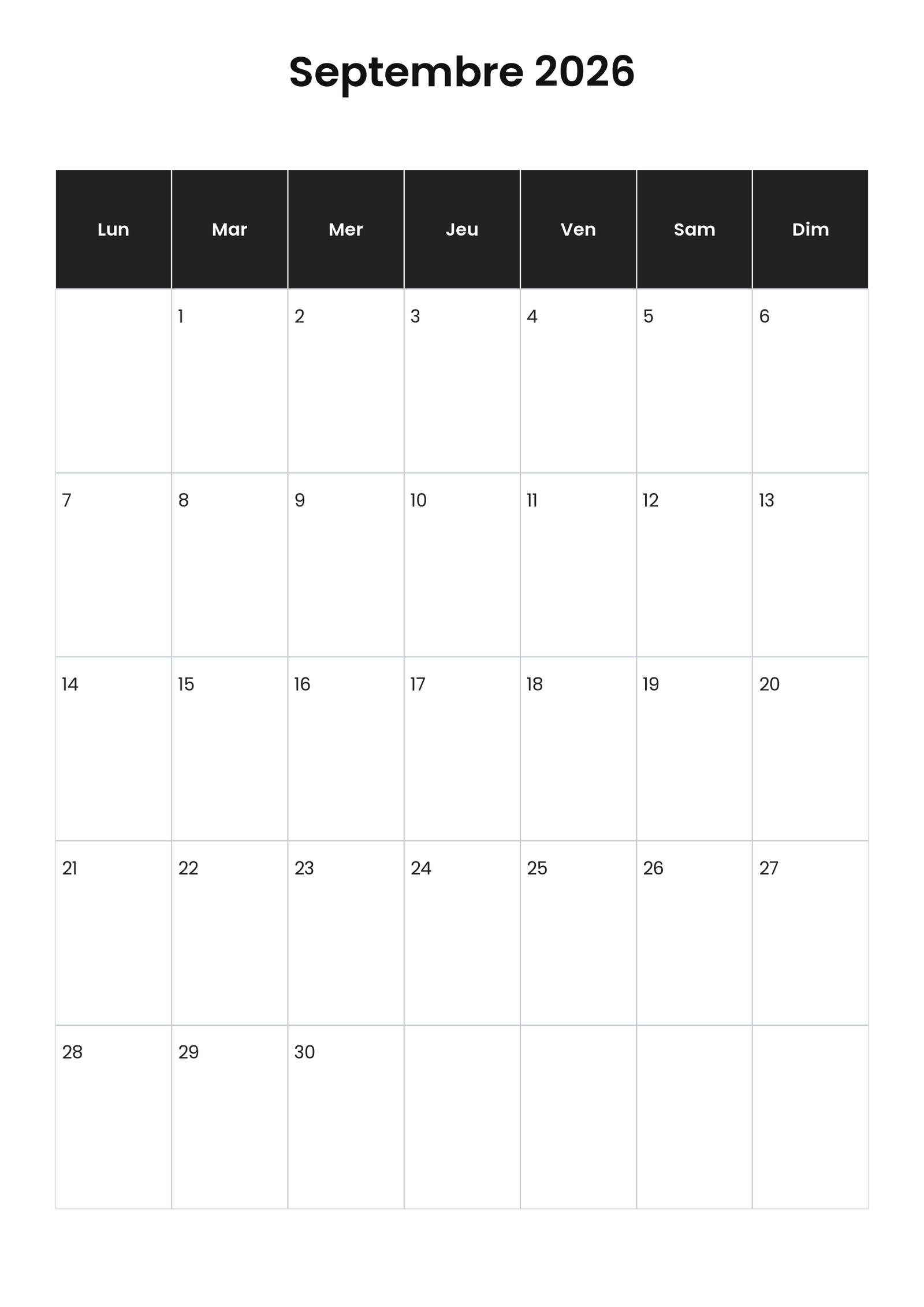 Calendrier septembre 2026 2 Calendrier septembre 2026 vertical