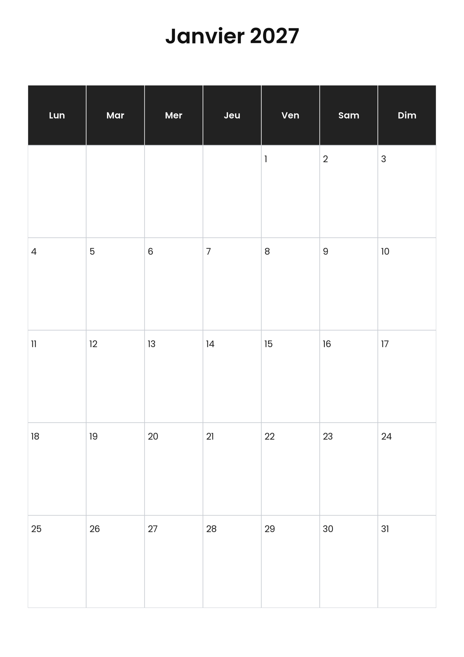 Calendrier janvier 2027 2 Calendrier janvier 2027 vertical