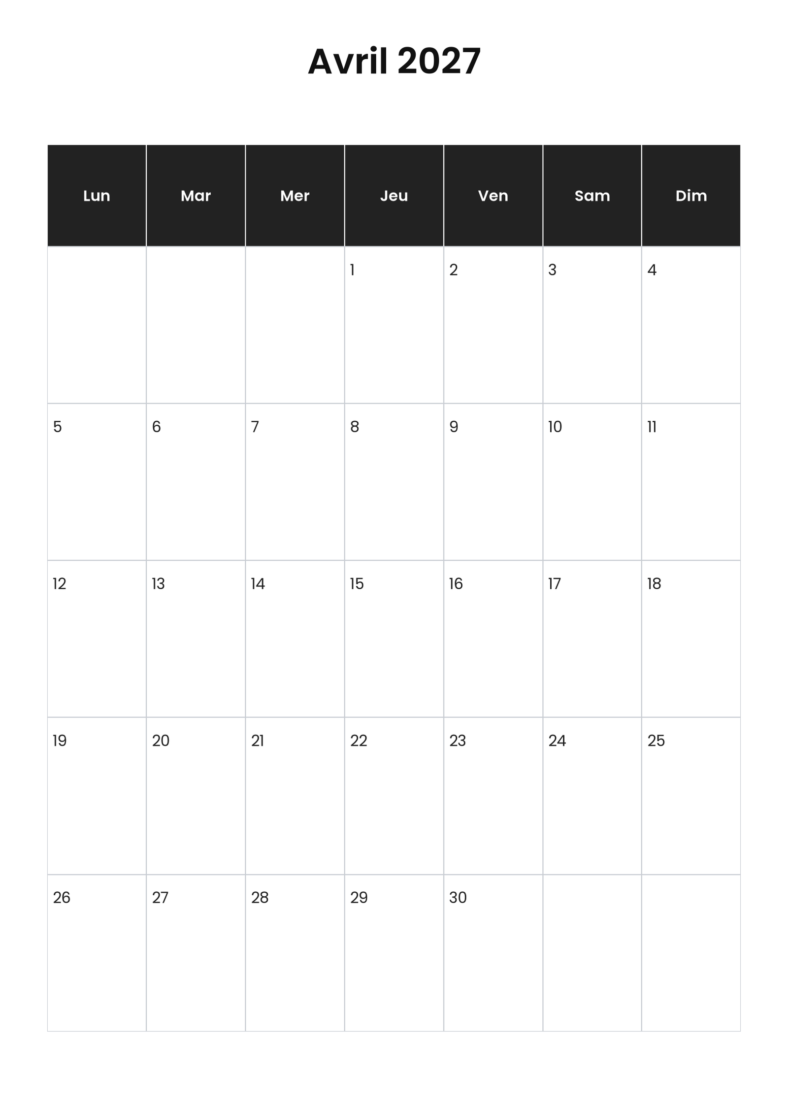 Calendrier avril 2027 2 Calendrier avril 2027 vertical