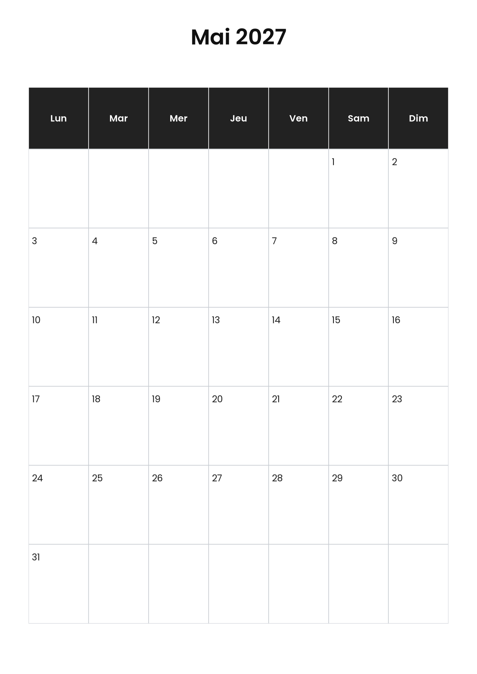 Calendrier mai 2027 2 Calendrier mai 2027 vertical