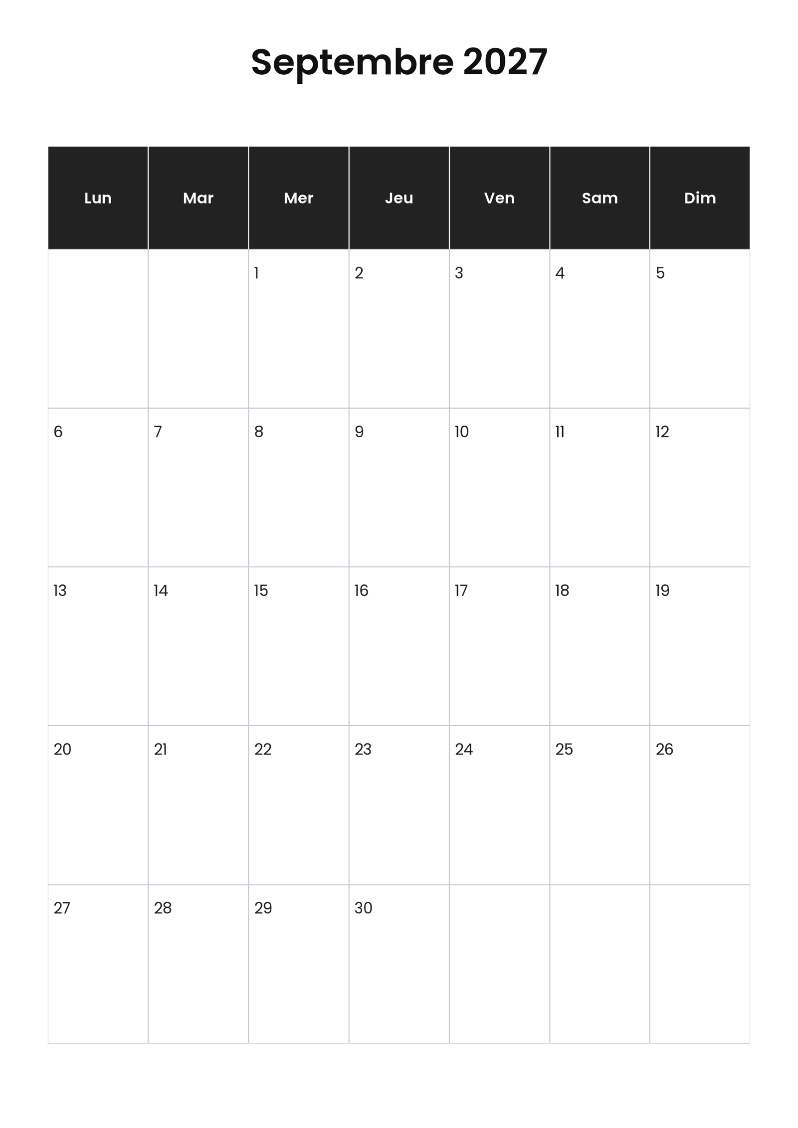 Calendrier septembre 2027 2 Calendrier septembre 2027 vertical