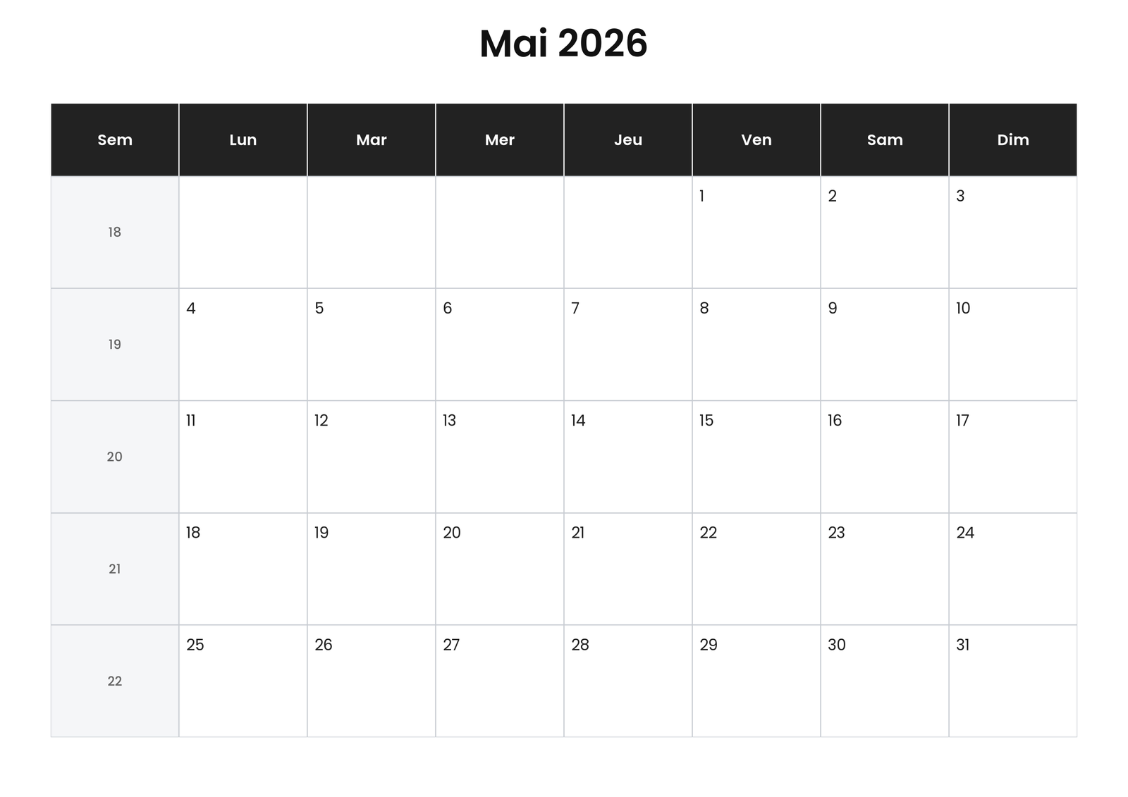 Calendrier mai 2026 avec numéros de semaine