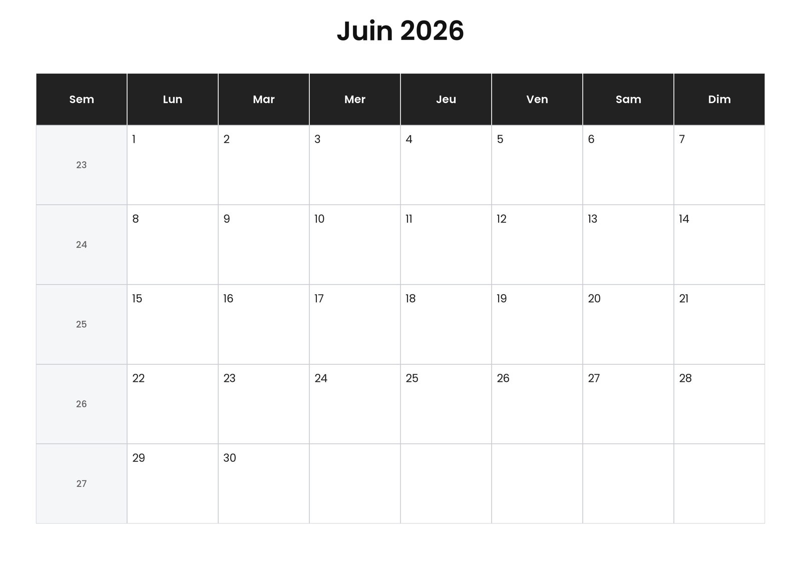 Calendrier juin 2026 6 Calendrier juin 2026 avec numéros de semaine