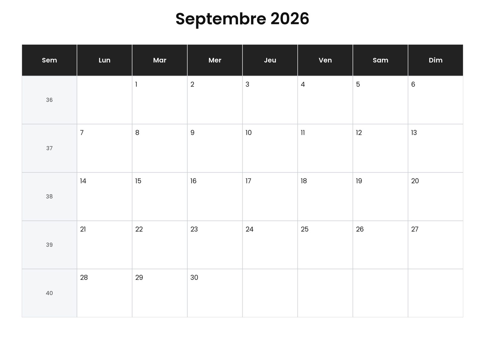 Calendrier septembre 2026 6 Calendrier septembre 2026 avec numéros de semaine