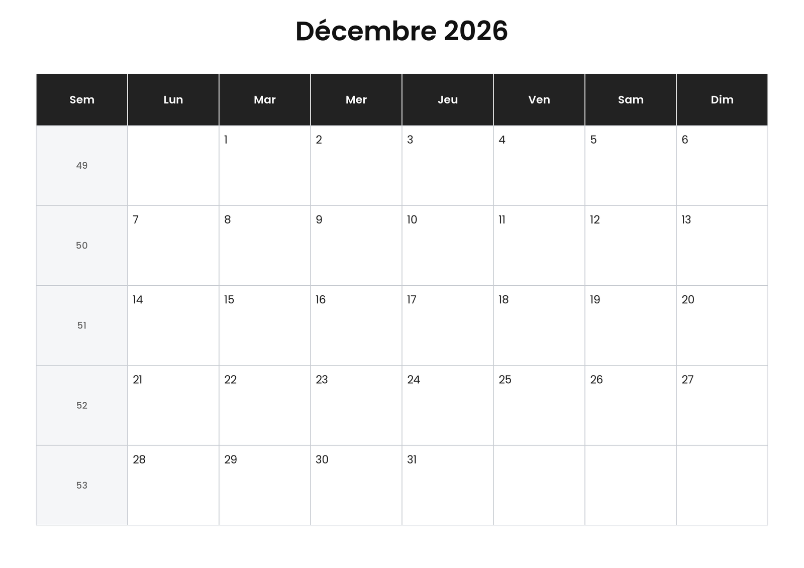Calendrier décembre 2026 avec numéros de semaine