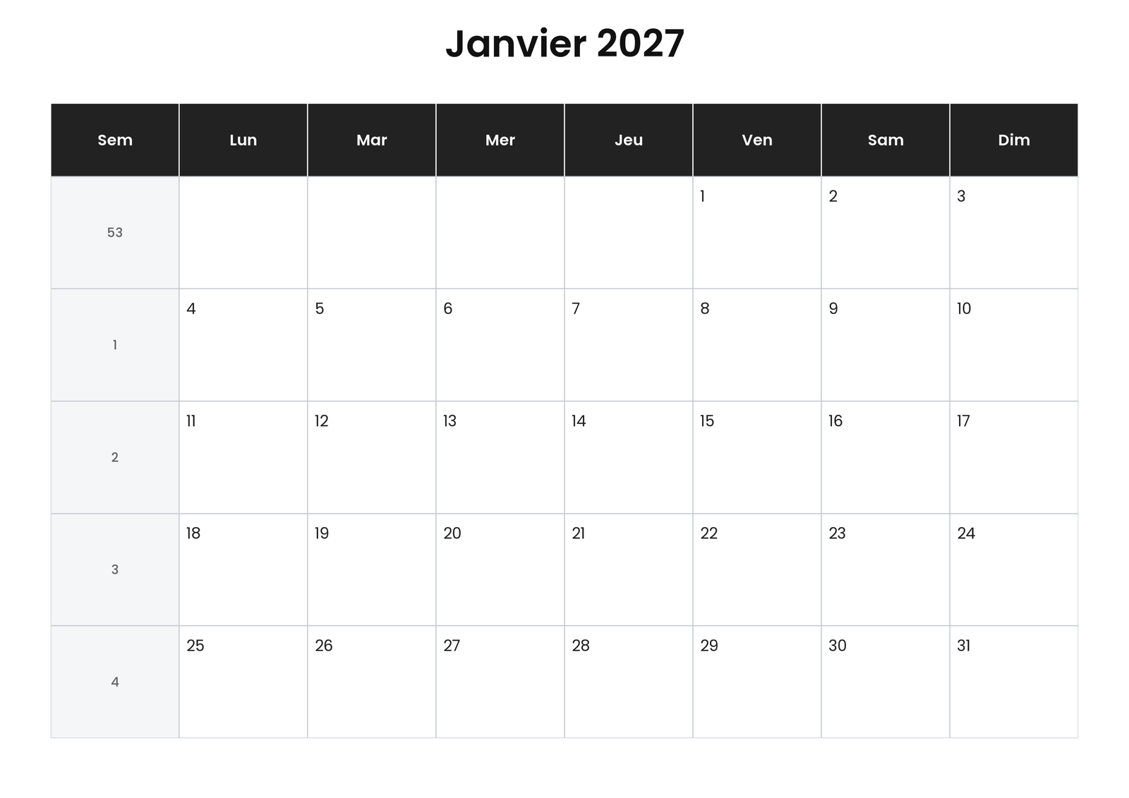 Calendrier janvier 2027 6 Calendrier janvier 2027 avec numéros de semaine