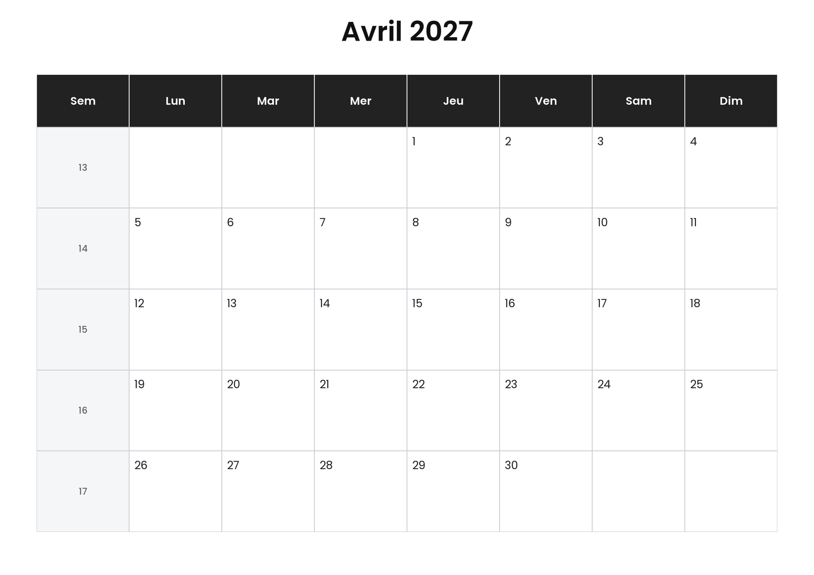Calendrier avril 2027 6 Calendrier avril 2027 avec numéros de semaine