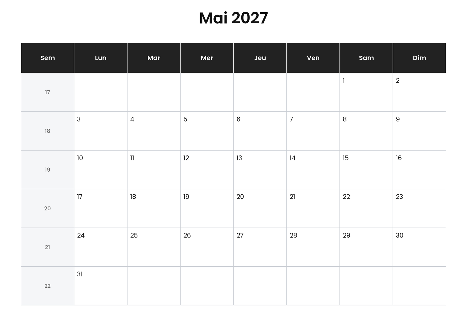 Calendrier mai 2027 6 Calendrier mai 2027 avec numéros de semaine