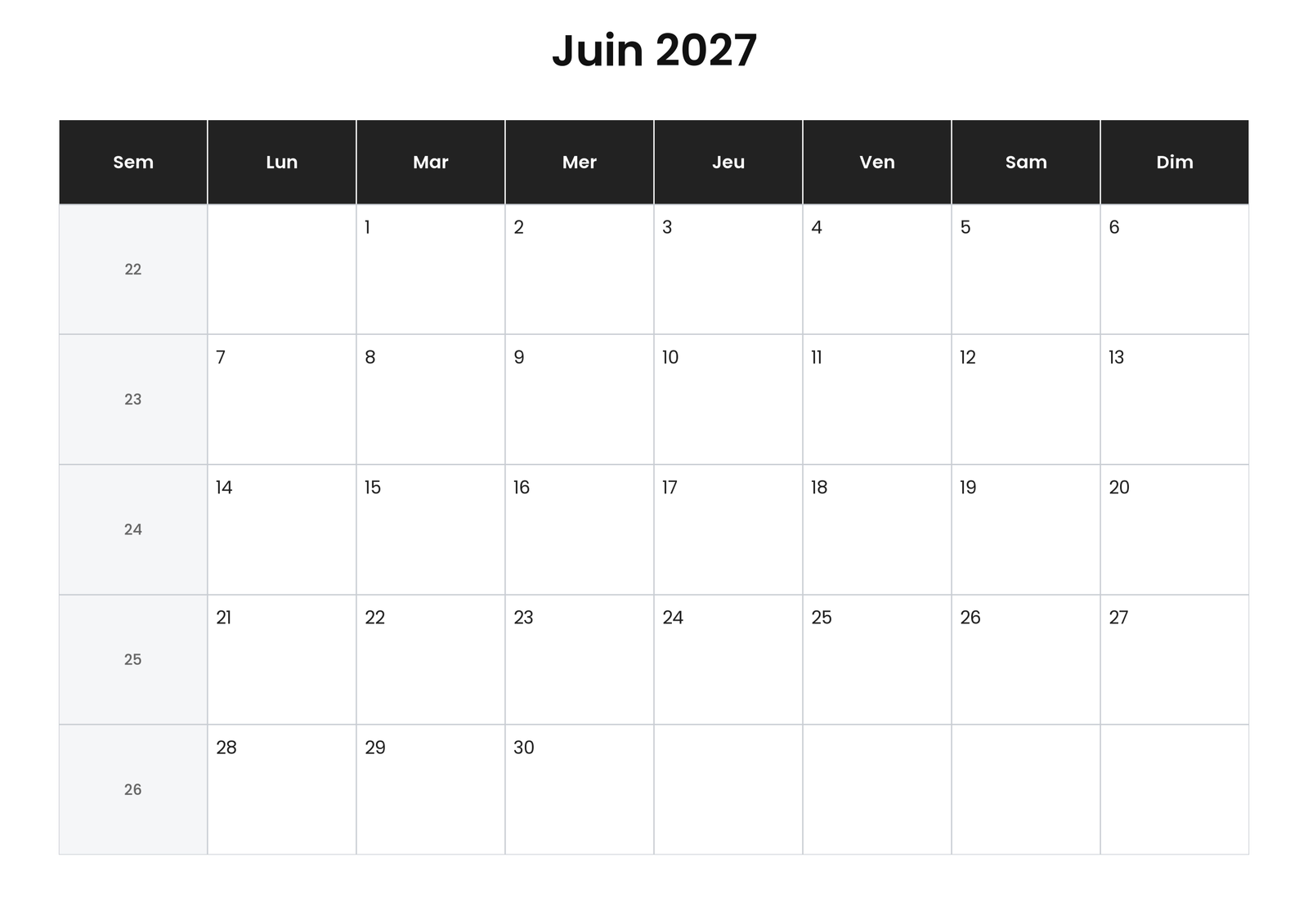 Calendrier juin 2027 6 Calendrier juin 2027 avec numéros de semaine