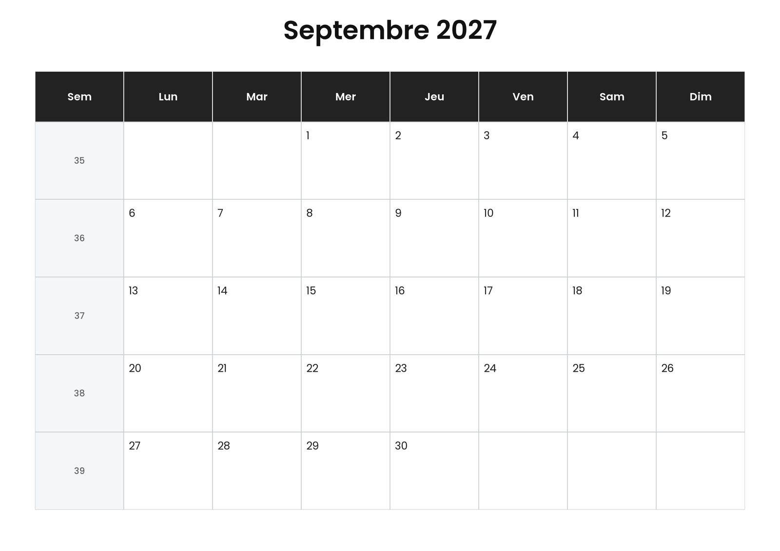 Calendrier septembre 2027 6 Calendrier septembre 2027 avec numéros de semaine