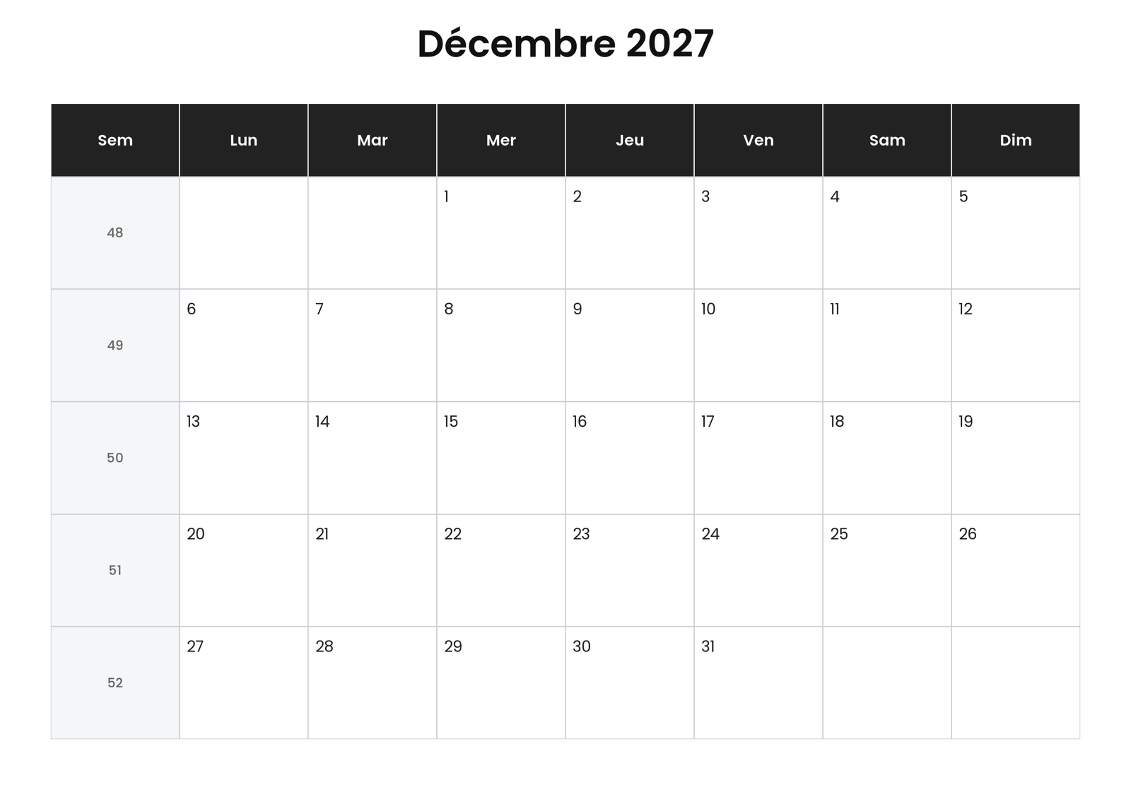 Calendrier décembre 2027 avec numéros de semaine